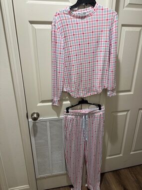 LOFT Pink and White Plaid Long-Sleeve Pajama Set
